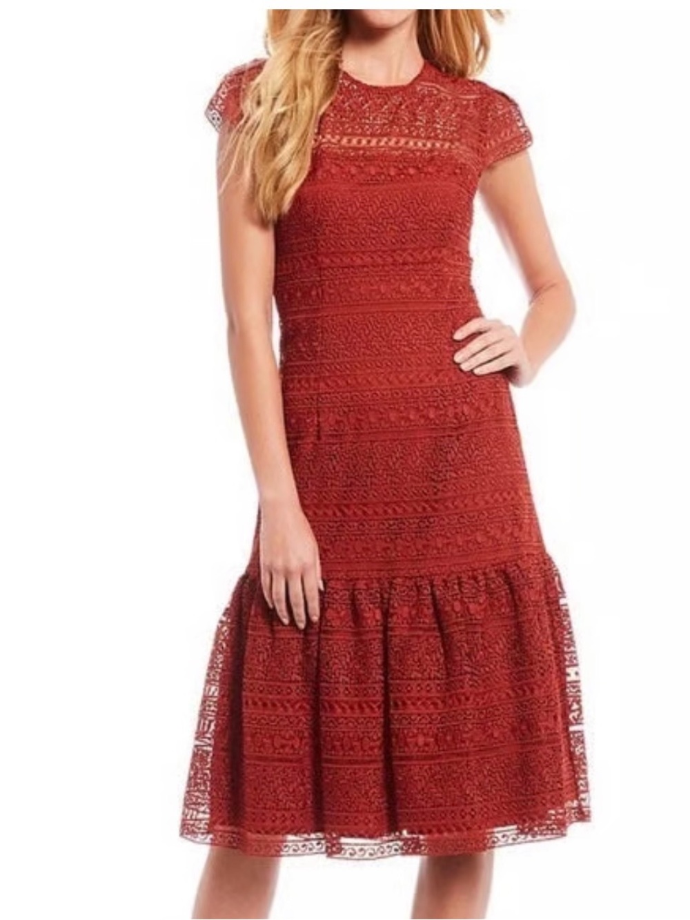 Antonio Melani Hallie Lace Midi Dress in Red Ochre sz 14